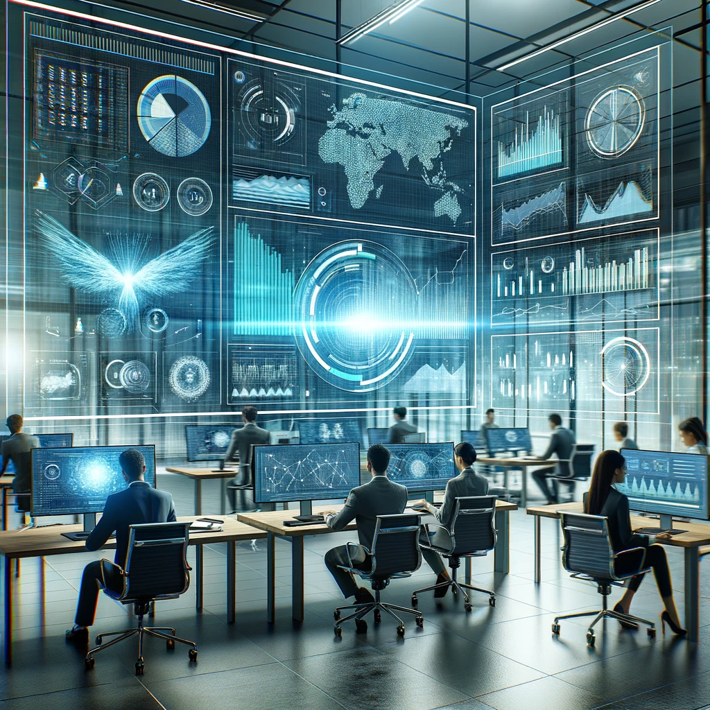 DALL·E 2024-05-18 14.13.53 - A modern office environment with a large digital screen displaying complex data analytics, including charts, graphs, and metrics. Analysts are working