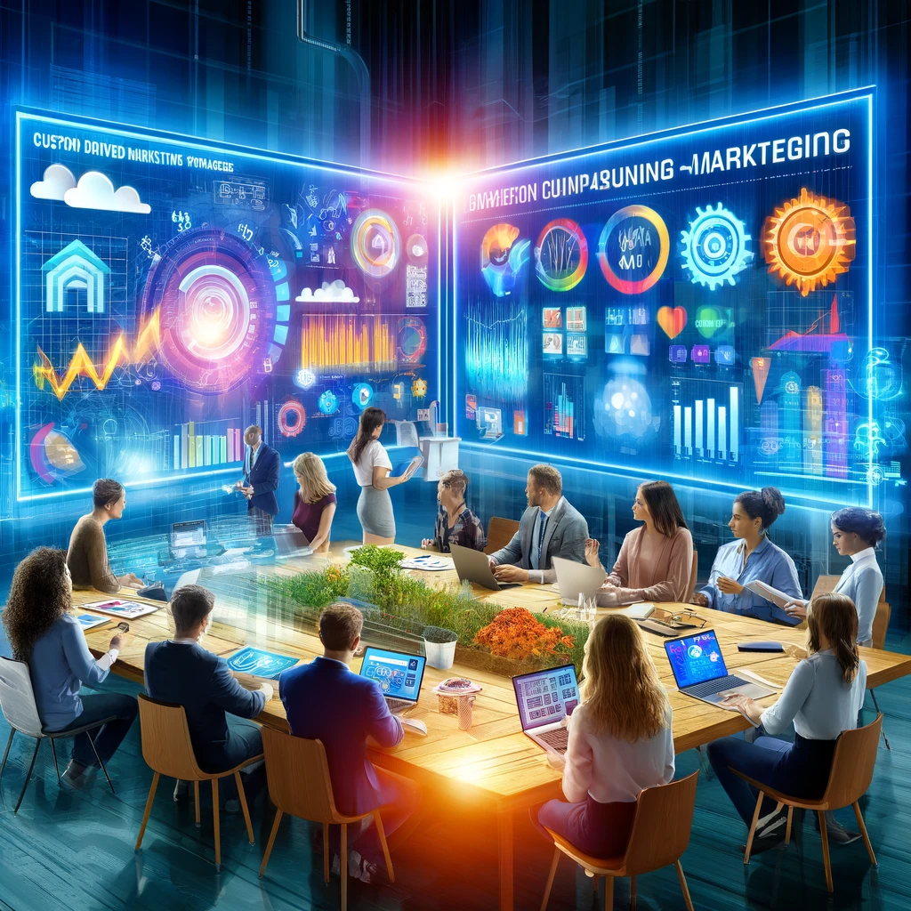 DALL·E 2024-05-18 14.14.45 - A vibrant marketing office with a large digital screen displaying data-driven marketing strategies, including customer insights, performance metrics,